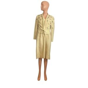 VTG 50s Hartnell Yellow Silk Applique Linen S Jacket Dress Set Feminine Wedding